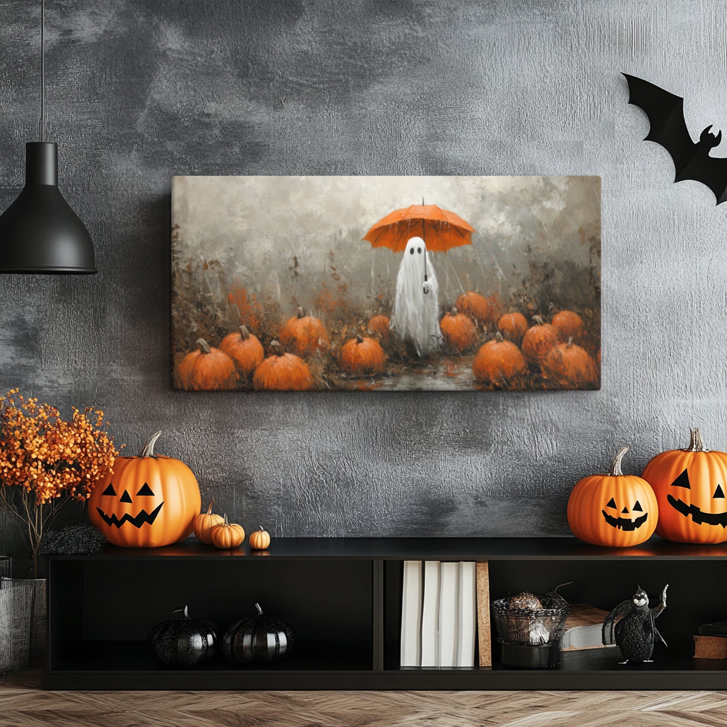 Cute Ghost at Pumpkin Patch in Rain – Gallery Wrapped Canvas Halloween Wall Art