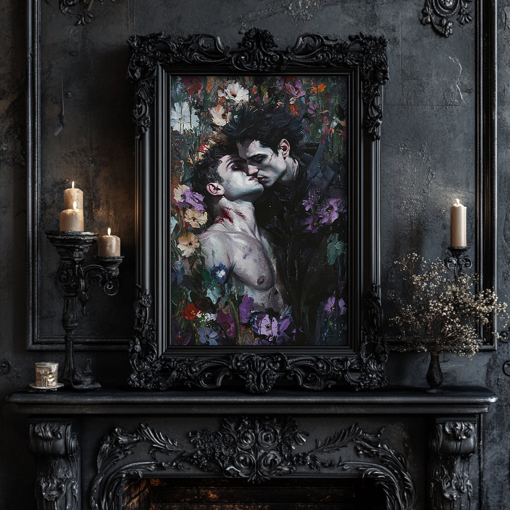 Gothic Gay Art Vampire Lovers Kissing Canvas Print Dark Romantic Decor