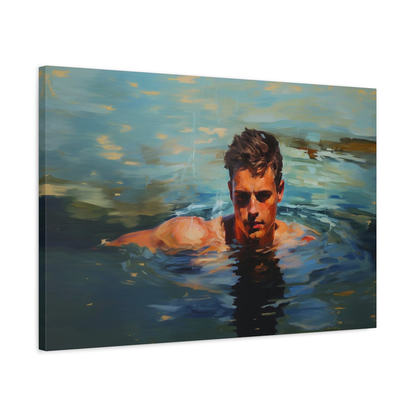 Man Swimming in a Lake Impressionist Portrait Canvas Print Wall Art