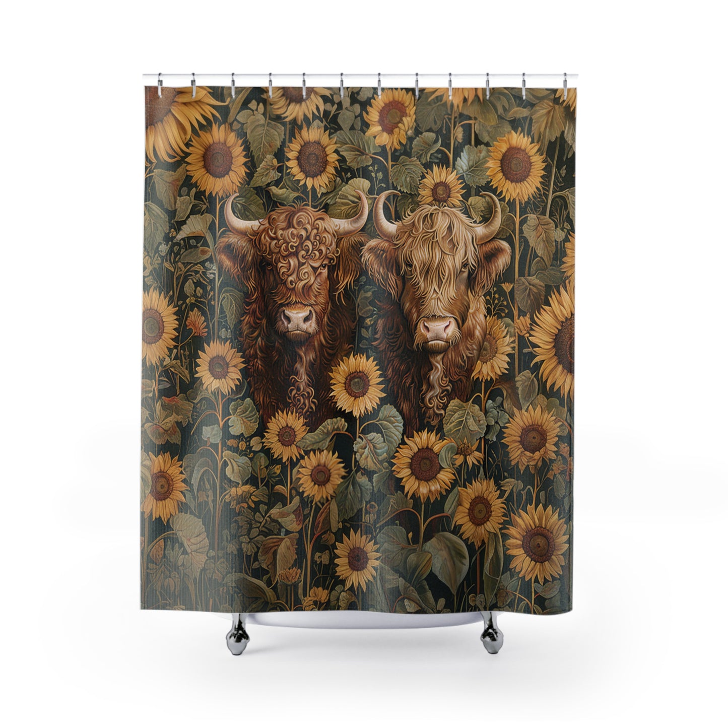 Cute Highland Cattle Sunflowers Home Decor Shower Curtain 71" x 74"
