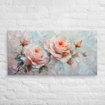 Soft Pink Roses Oil Painting – 2:1 Ratio Gallery Wrapped Canvas Wall Art, Ready to Hang