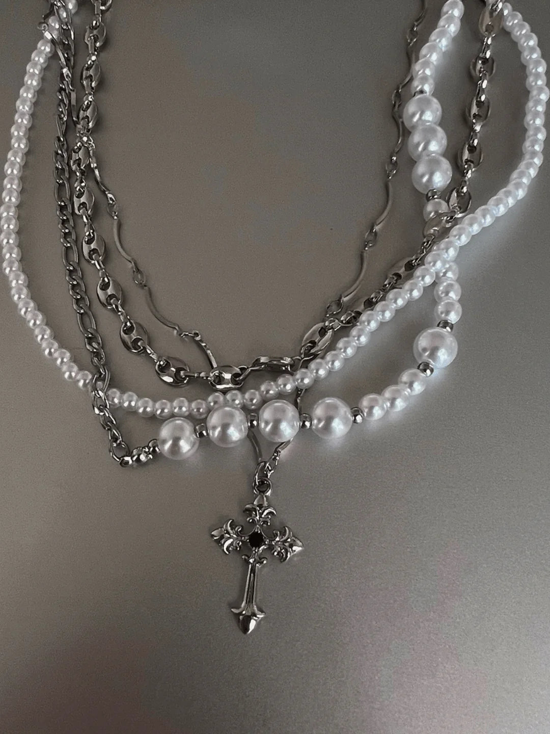 California Cross Multi-Layered Pearl Necklace