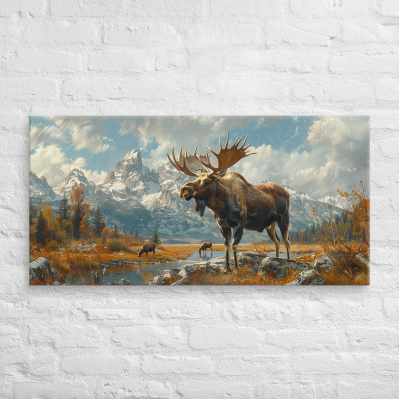 Majestic Moose Trio in Hot Spring – 2:1 Ratio Gallery Wrapped Canvas Wall Art, Ready to Hang