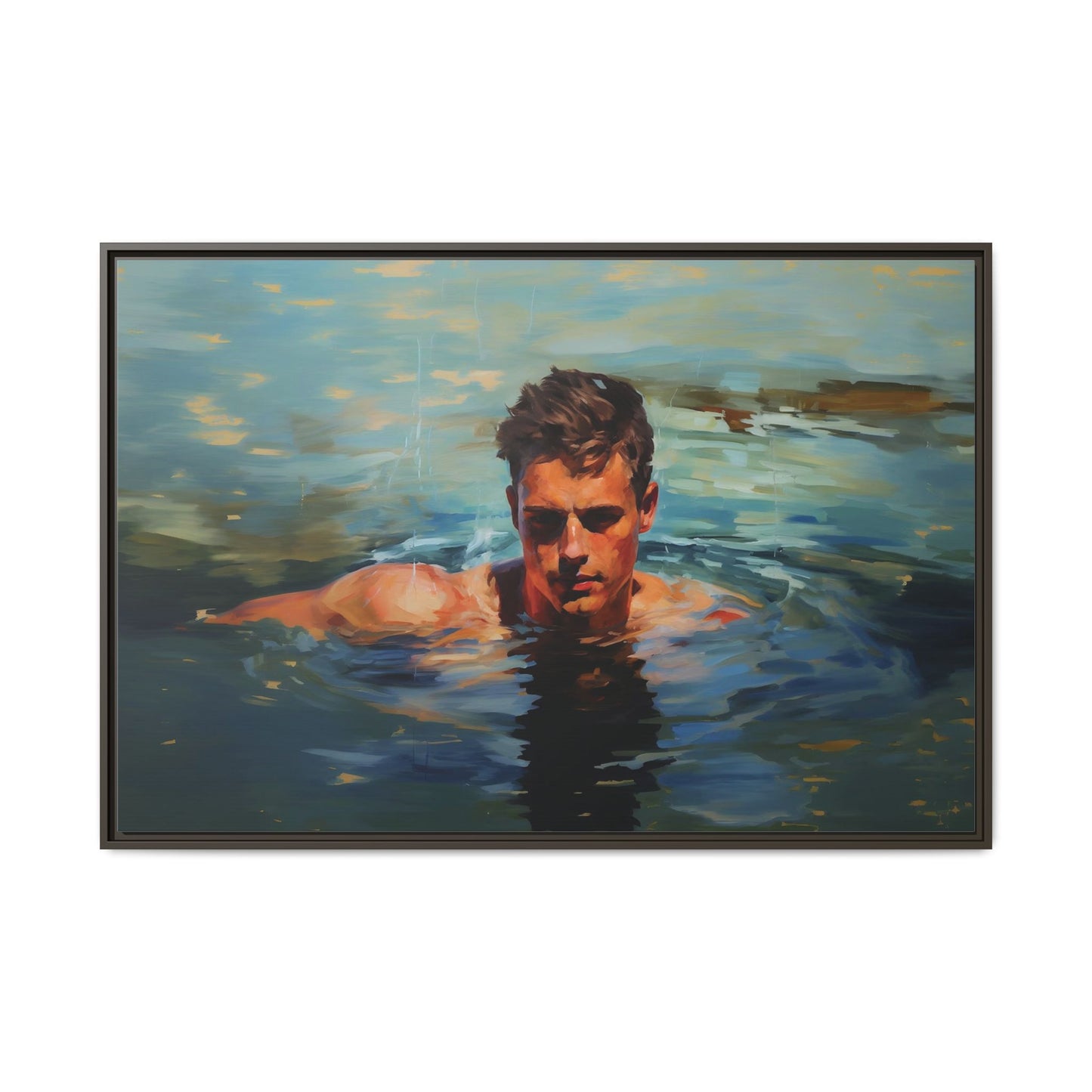 Man Swimming in a Lake Impressionist Portrait Canvas Print Wall Art