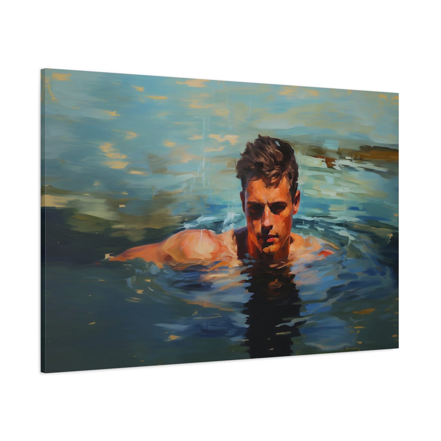 Man Swimming in a Lake Impressionist Portrait Canvas Print Wall Art