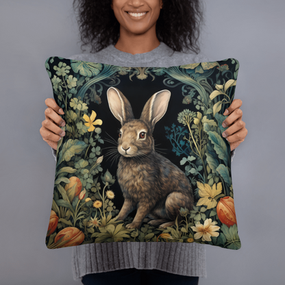William Morris Inspired Rabbit amidst Floral Forest Pillow