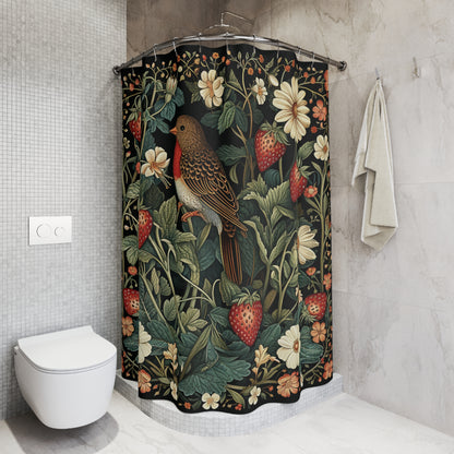 Bird in Strawberry Field Shower Curtain, William Morris Inspired, Farmhouse Bathroom, Floral Shower Curtain, 71in x 74in