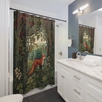 Enchanted Fox in Forest Shower Curtain, William Morris Inspired, Farmhouse Bathroom, Floral Shower Curtain, 71" x 74"