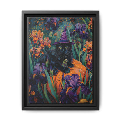 Witch Cat Pumpkin and Iris flowers – Canvas Print Wall Art