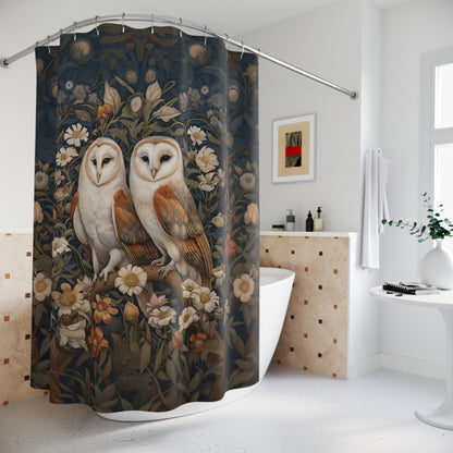 Woodland Barn Owl Couple Shower Curtain, William Morris Inspired, Farmhouse Bathroom, Floral Shower Curtain, 71" x 74"