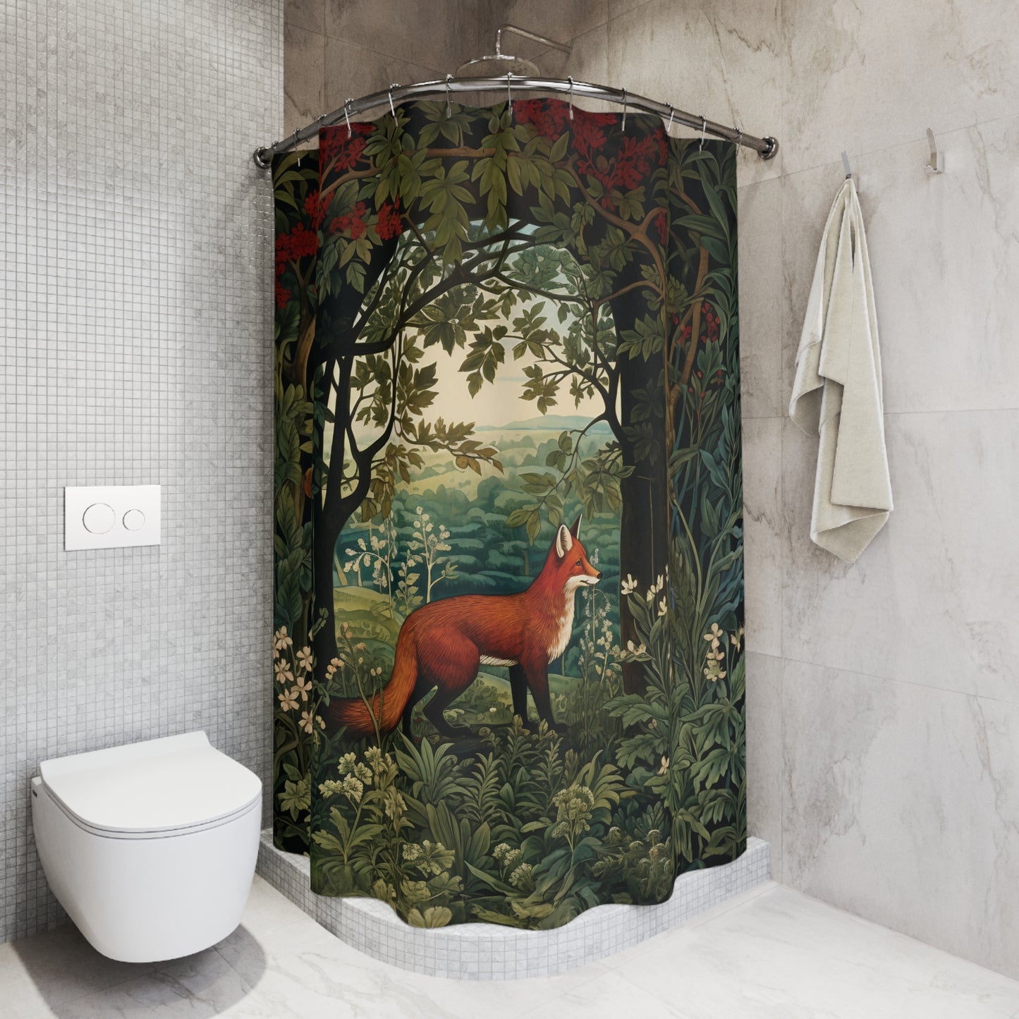 Enchanted Fox in Forest Shower Curtain, William Morris Inspired, Farmhouse Bathroom, Floral Shower Curtain, 71" x 74"