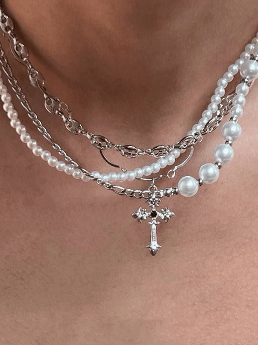 California Cross Multi-Layered Pearl Necklace
