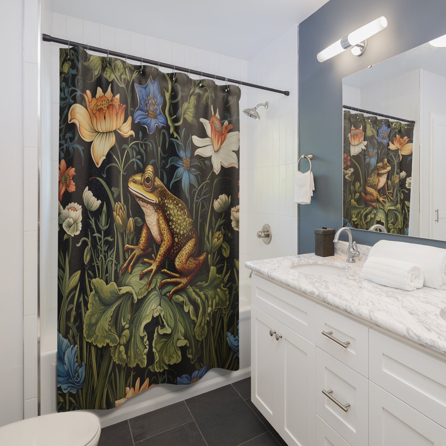 Frog in Garden Pond Shower Curtain, William Morris Inspired, Farmhouse Bathroom, Floral Shower Curtain, 71" x 74"