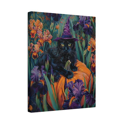 Witch Cat Pumpkin and Iris flowers – Canvas Print Wall Art