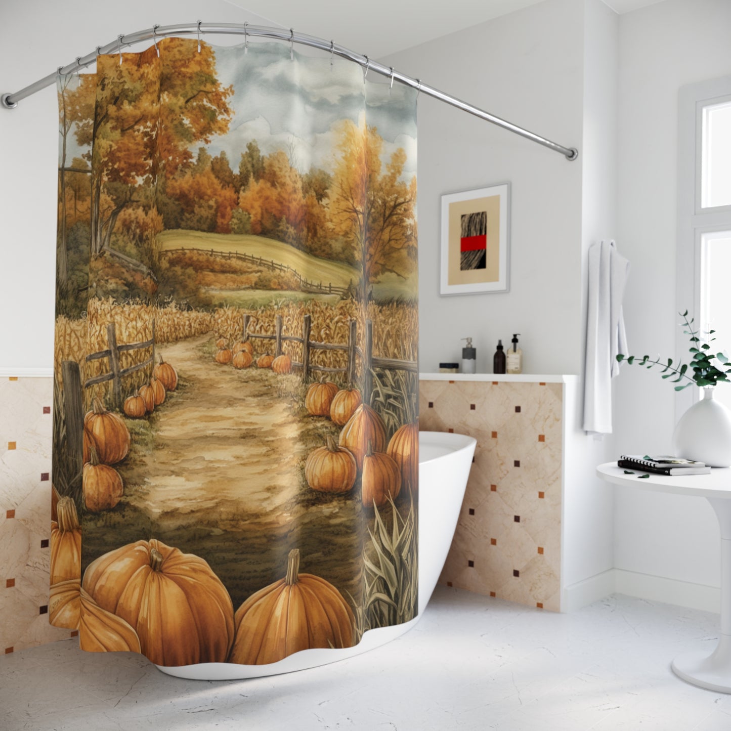 Pumpkin Patch Watercolor Shower Curtain Autumn Bathroom Decor