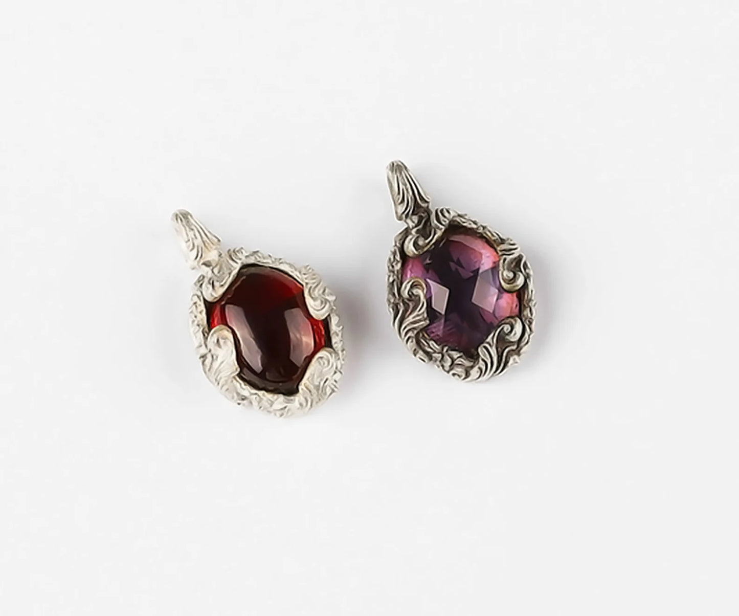 Amethyst Garnet Crystal Baroque Silver Necklace