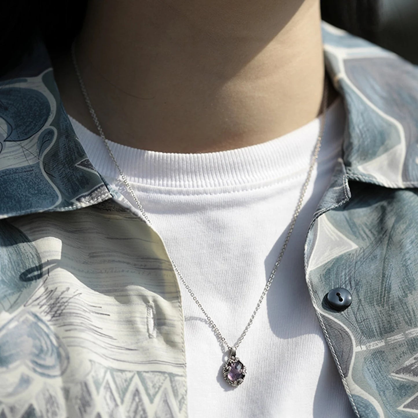 Amethyst Garnet Crystal Baroque Silver Necklace