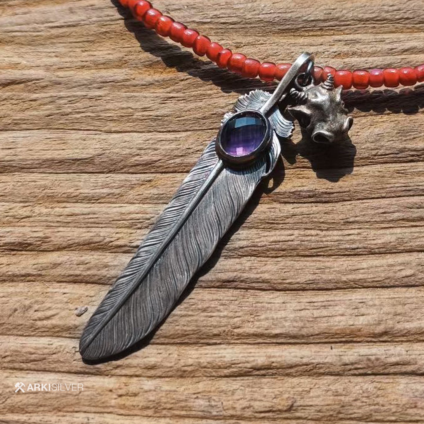 Natural Purple Amethyst Silver Feather