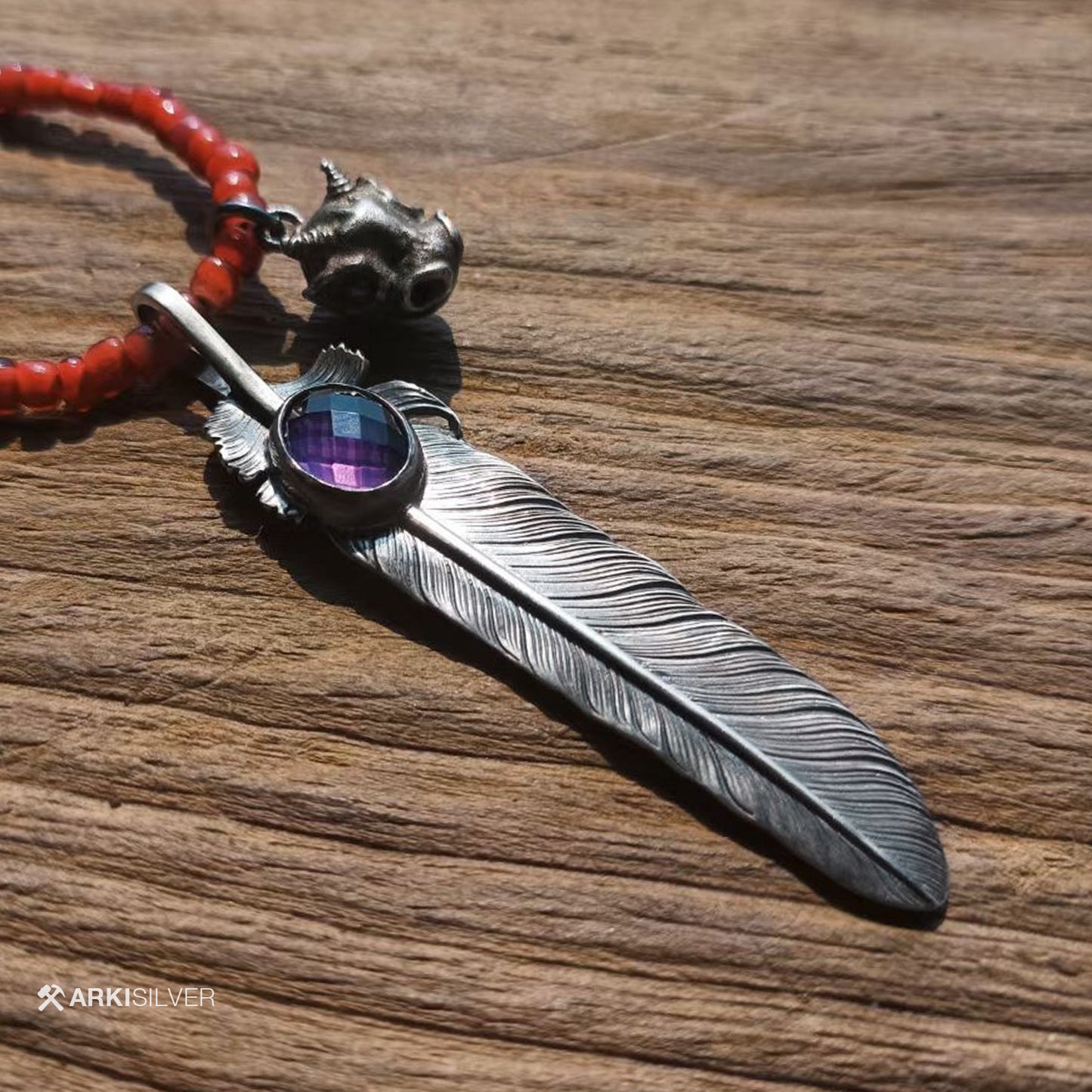 Natural Purple Amethyst Silver Feather