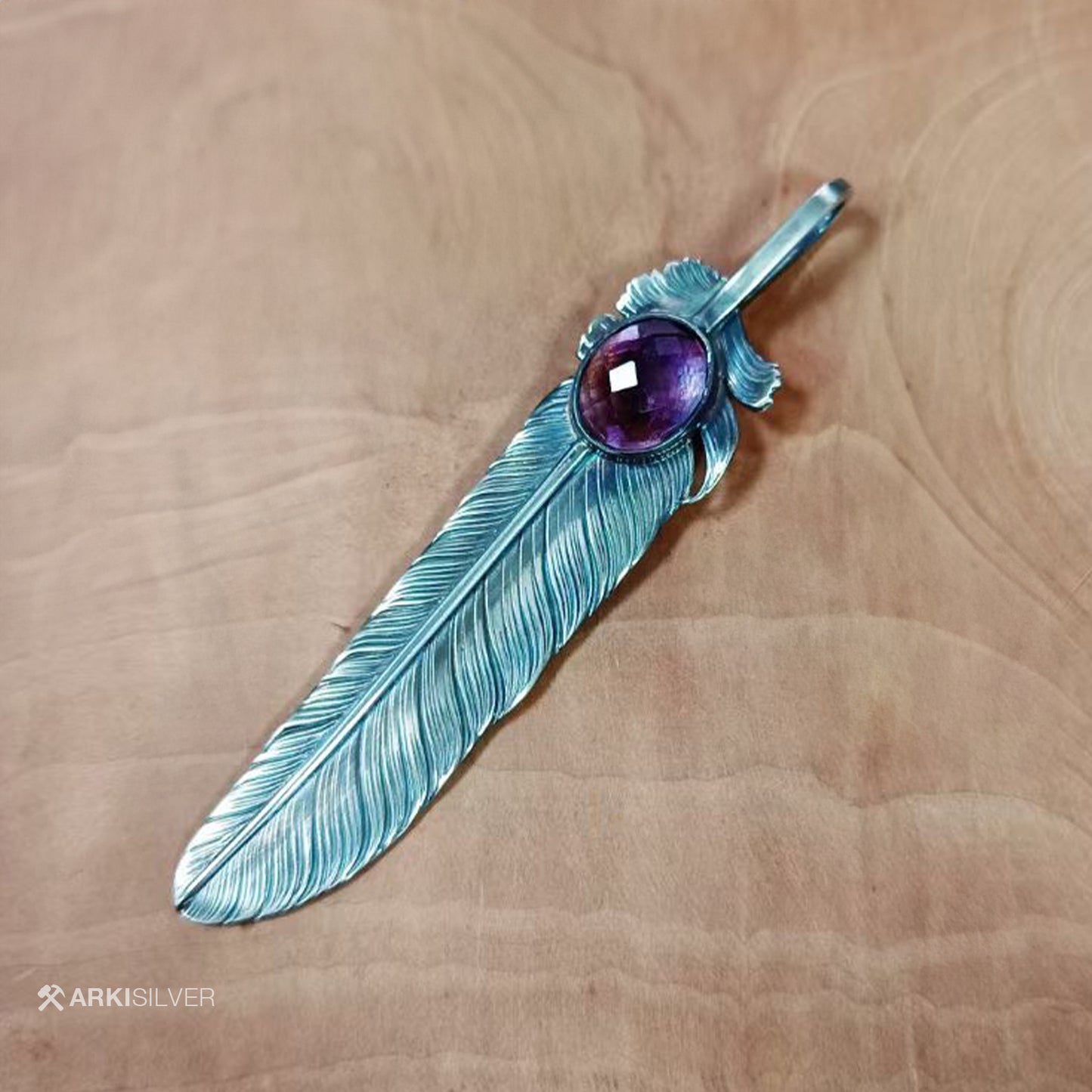 Natural Purple Amethyst Silver Feather