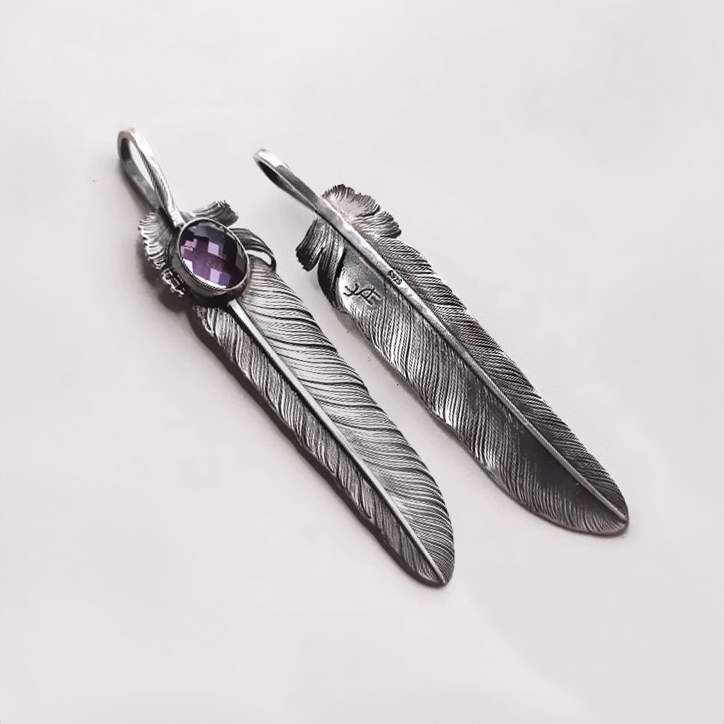 Natural Purple Amethyst Silver Feather