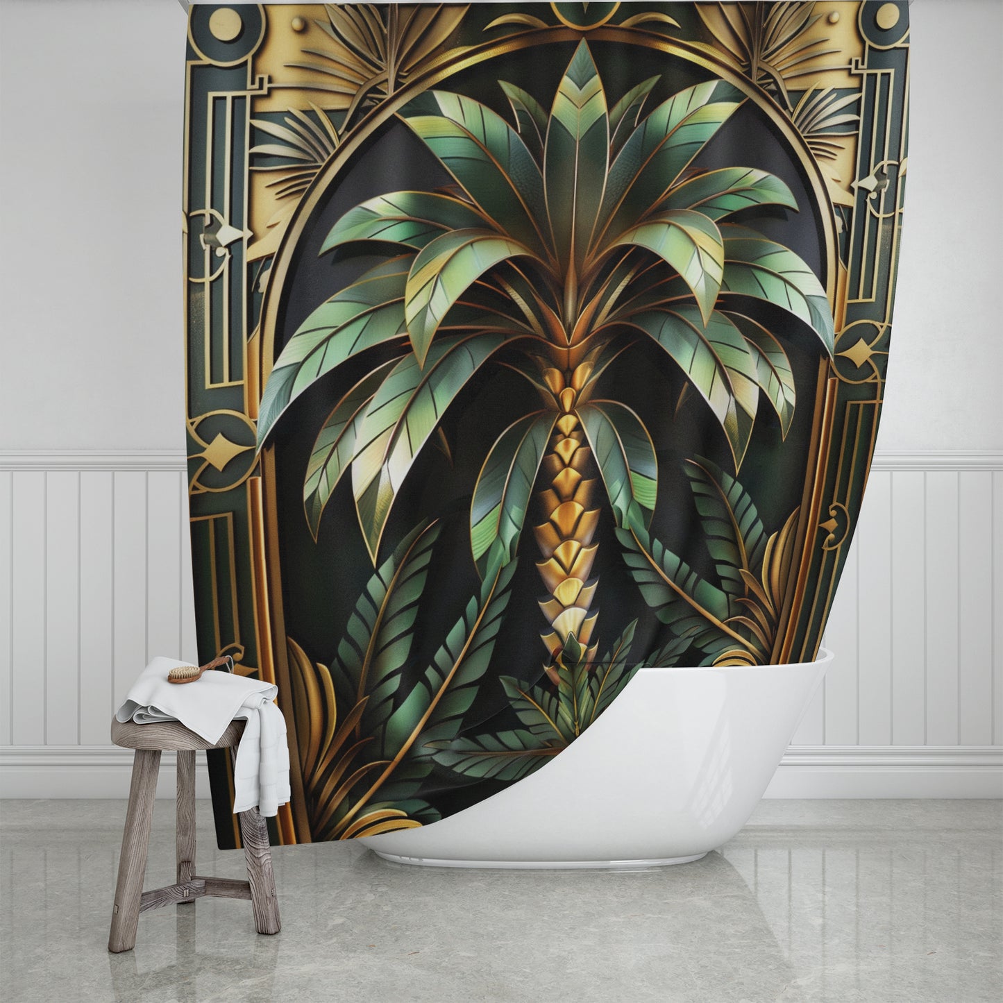 Tropical Palm Tree Art Deco Style Bathtub Shower Curtain