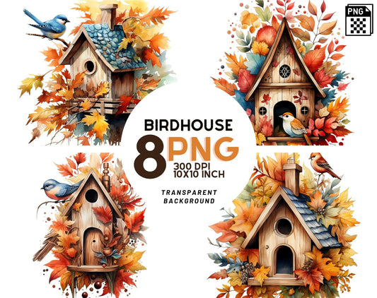 Autumn Birdhouse Watercolor Clipart