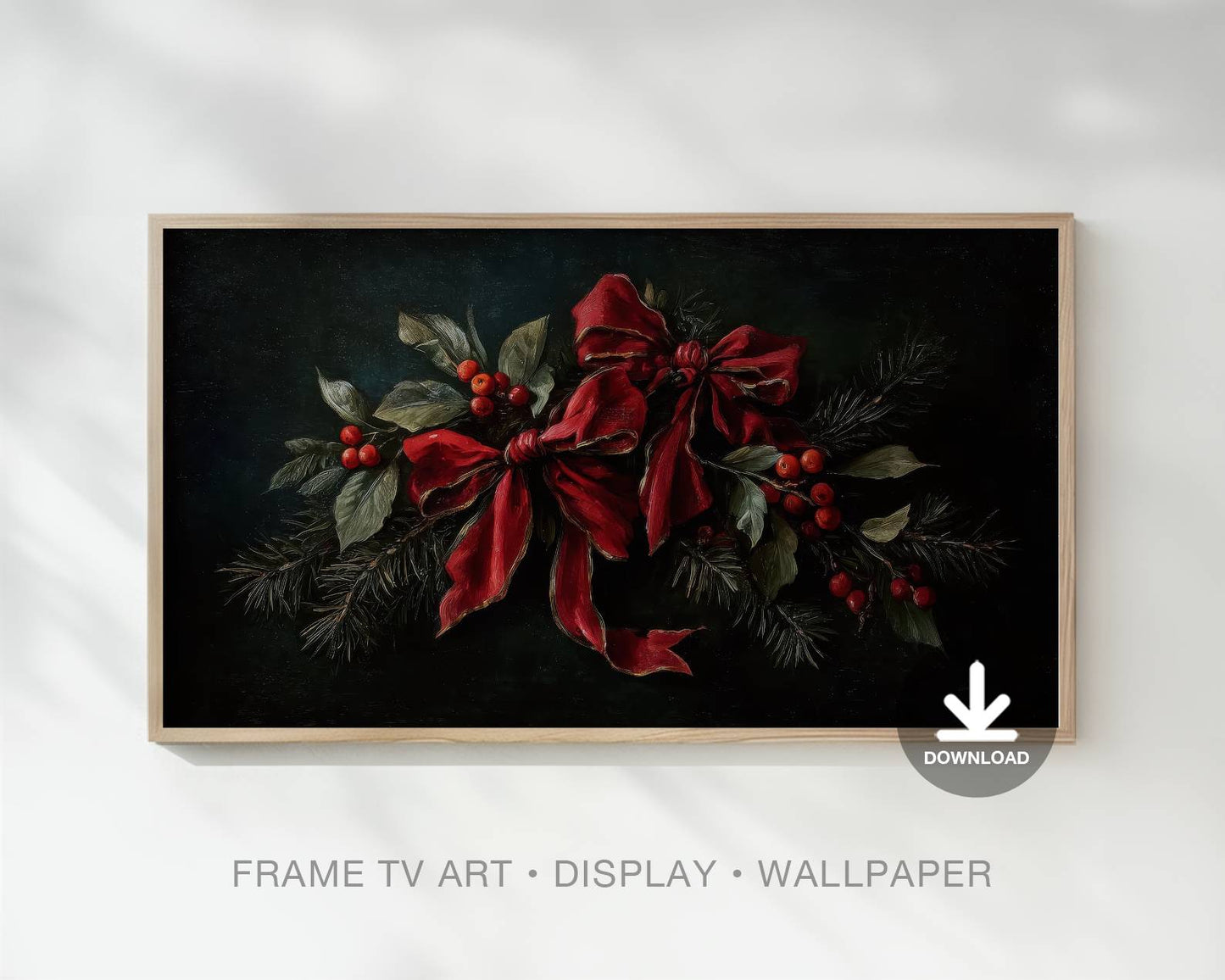 Classic Ribbon Berry Evergreen Holiday Painting Christmas Frame Tv Art, Wallpaper