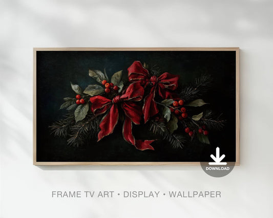 Classic Ribbon Berry Evergreen Holiday Painting Christmas Frame Tv Art, Wallpaper