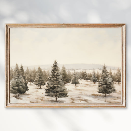 Vintage Christmas Tree Farm Painting, Christmas Wall Art Poster