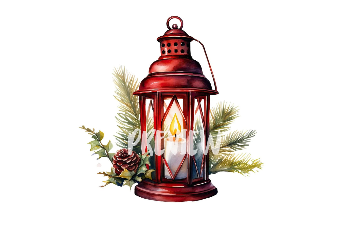 Watercolor Christmas Red Cottagecore lantern clipart