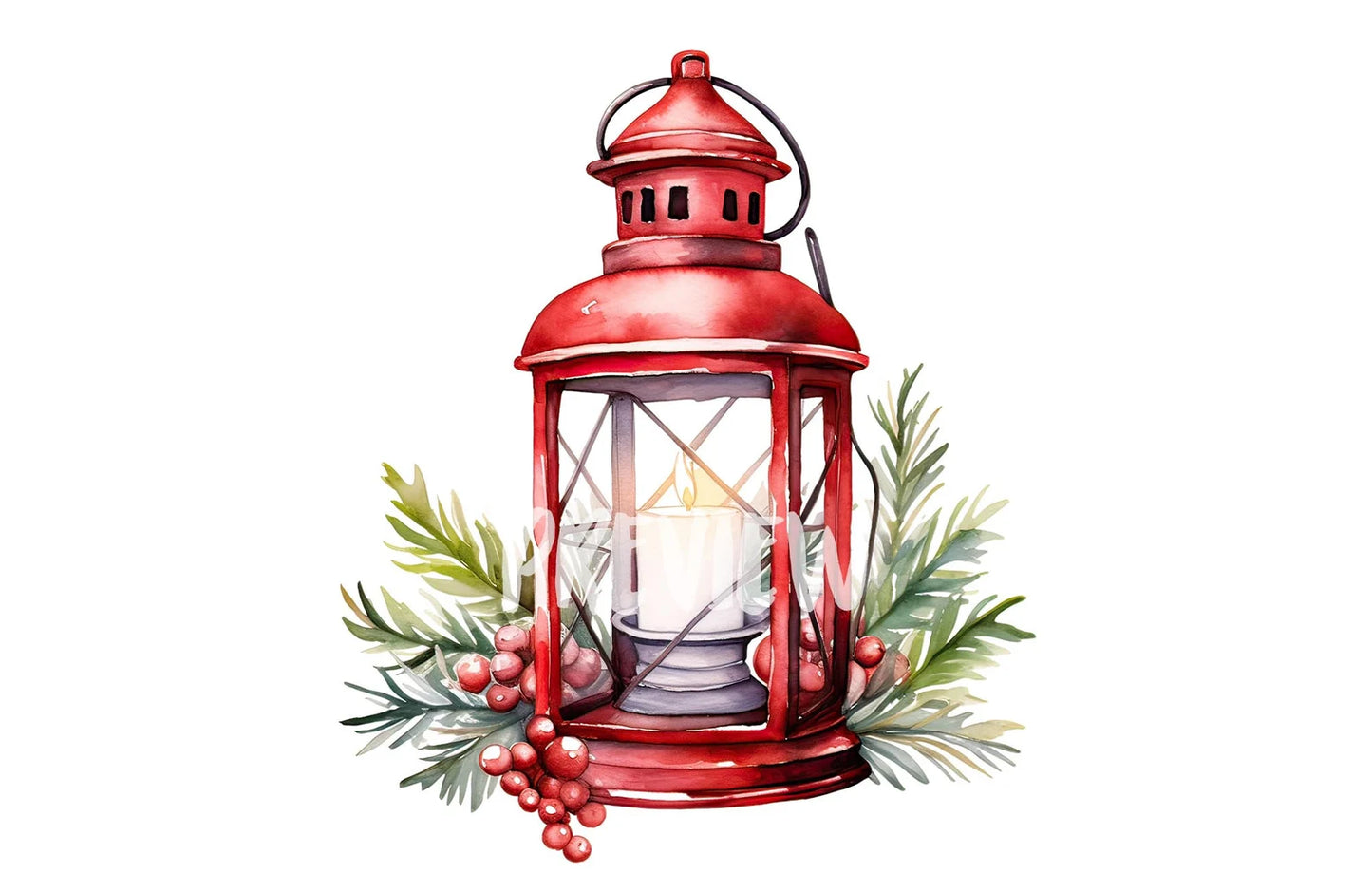 Watercolor Christmas Red Cottagecore lantern clipart