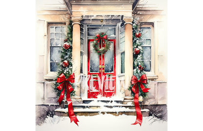 Watercolor Christmas Red Front Door clipart