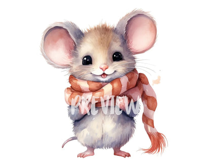 Watercolor Cute Mouse with Scarf Clipart