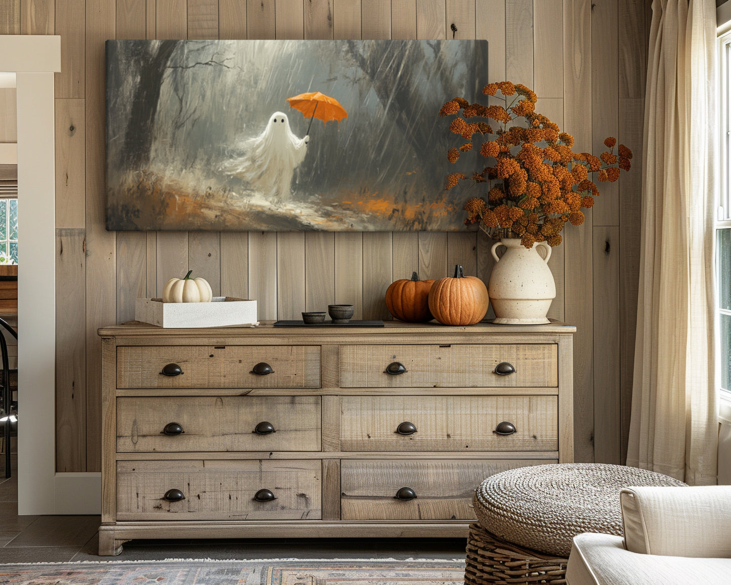 Cute Ghost in Rain at Woodland – 2:1 Ratio Gallery Wrapped Canvas | Halloween Wall Art Decor