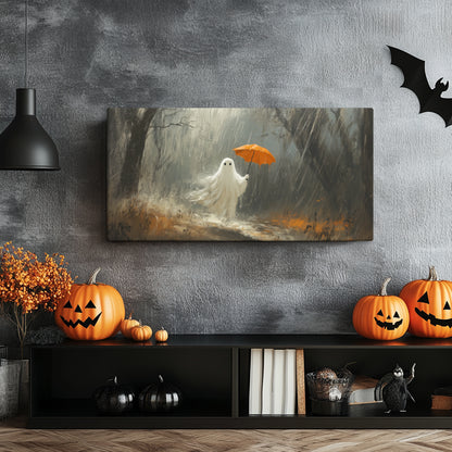 Cute Ghost in Rain at Woodland – 2:1 Ratio Gallery Wrapped Canvas | Halloween Wall Art Decor