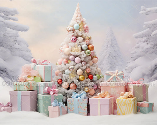 Magical Christmas Scene, Christmas Tree and Gifts on Polar Snow