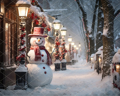 Snowman at Snowy Village Background, Fantasy Christmas Backdrop