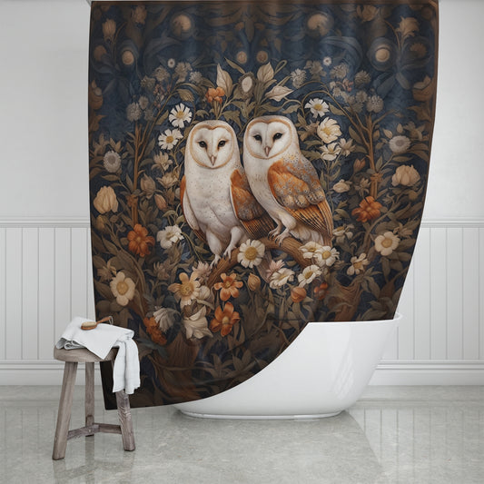 Woodland Barn Owl Couple Shower Curtain, William Morris Inspired, Farmhouse Bathroom, Floral Shower Curtain, 71" x 74"