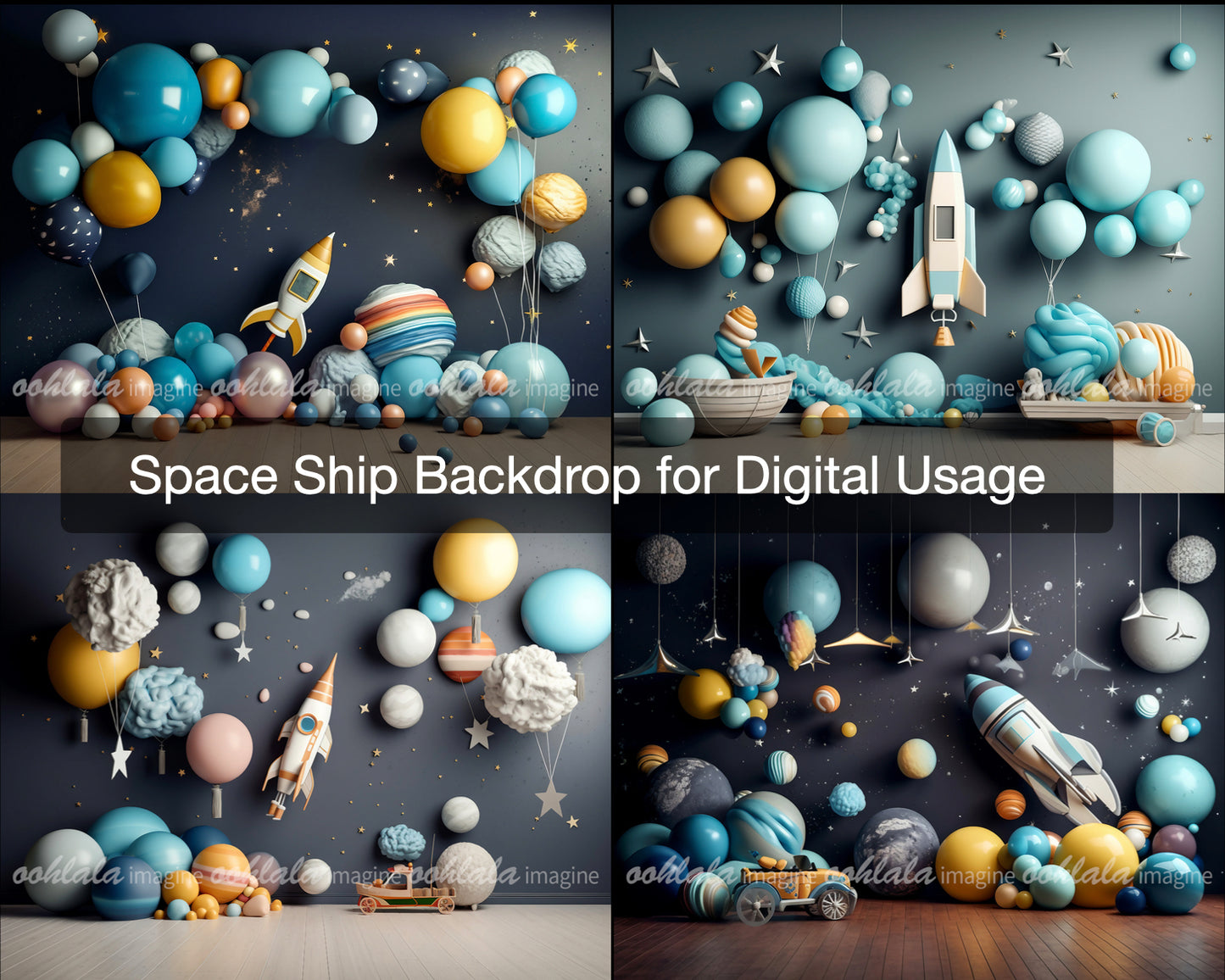 Birthday Space Ship Digital Backdrop Set of 8