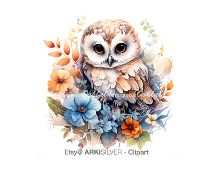Owl Boho Floral Woodland Animal Clipart
