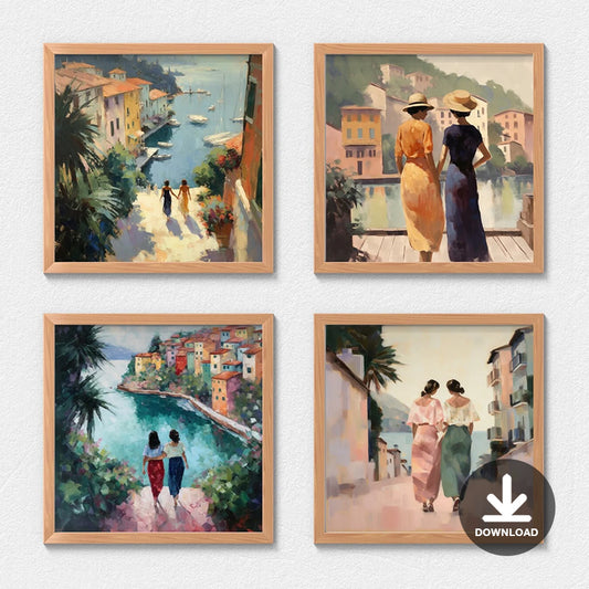 Lesbian Couple in Italy | Set of 4 Sapphic Impressionist Wall Art Download