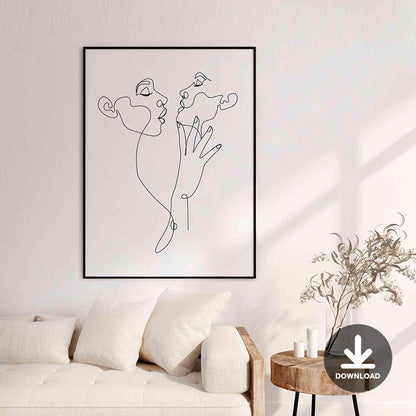 Deeply kiss | Printable wall art, Lesbian Art Print, One Line Drawing, Minimalist female line art, Minimal LGBTQ Art