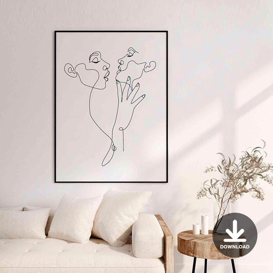 Deeply kiss | Printable wall art, Lesbian Art Print, One Line Drawing, Minimalist female line art, Minimal LGBTQ Art