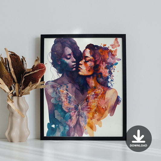 Women and Butterflies - Lesbian Wall Art Digital Download Watercolor Painting