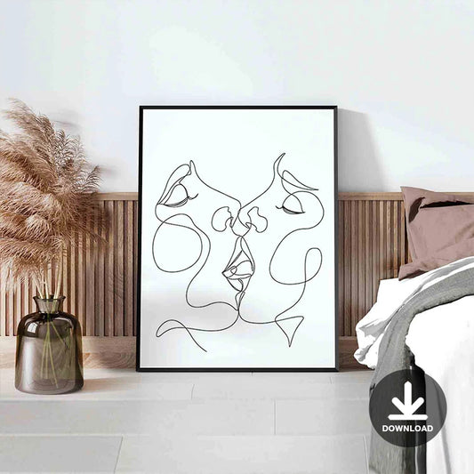 Deeply kiss | Printable wall art, Lesbian Art Print, One Line Drawing, Minimalist female line art, Minimal LGBTQ Art