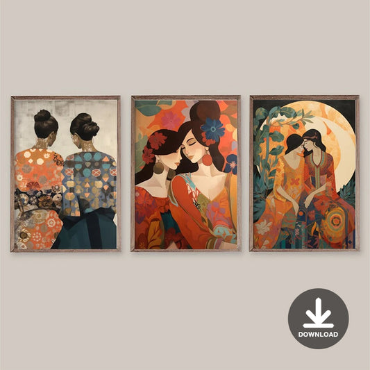 Set of 3 sapphic wall deco prints boho style | LGBT wlw vintage home art | Queer women couple romantic | Two women kissing and embracing