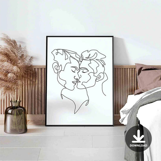 Kiss | Printable wall art, Gay Art Print, Male Line Art | Digital Download