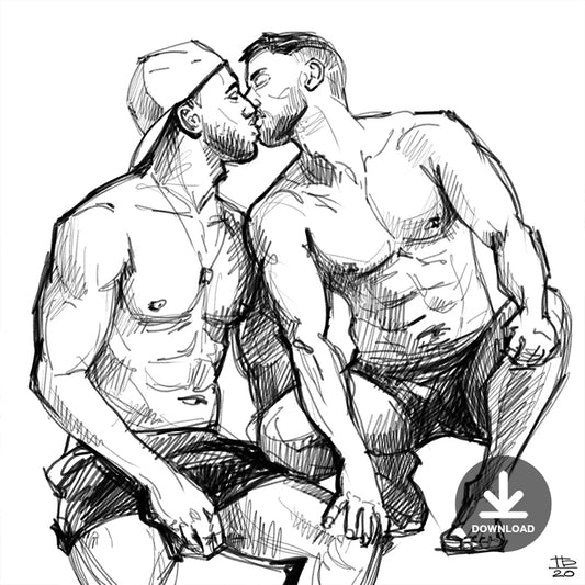 Kissing Men Figures Male Lover Drawing | Digital Download