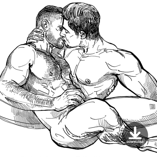 Kissing Men Gay Art Erotic Nude Sketch | Digital Download